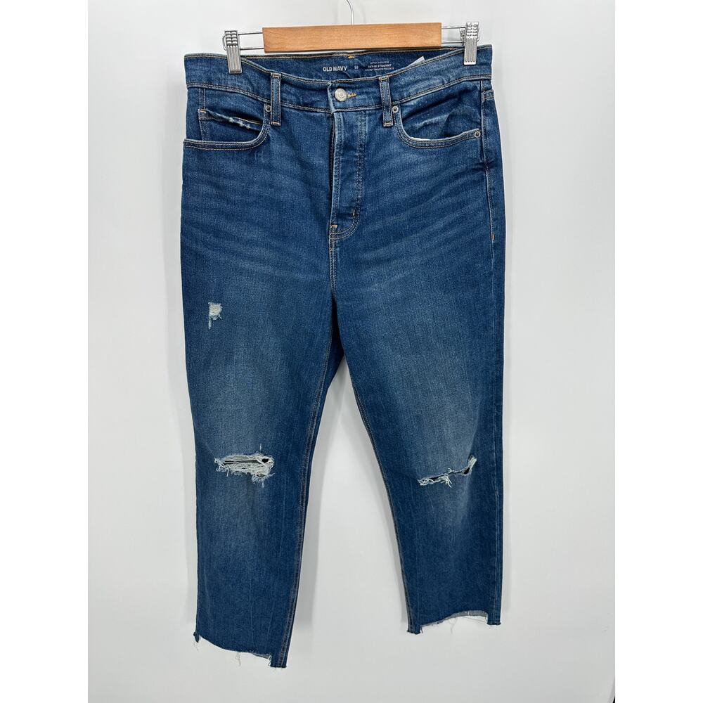 Old Navy Extra High Rise Sky-Hi Straight Jeans Women Size 10 Blue Distressed